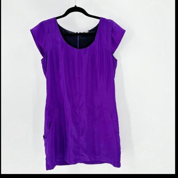 ASOS shimmer purple dropped waist cap sleeve side pockets mini dress versatile - Picture 1 of 10